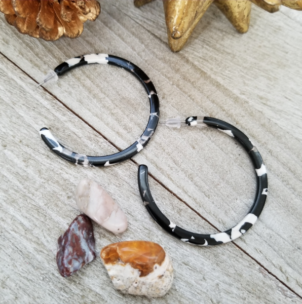 Large Open Circle Black White Tortoise Shell Earrings