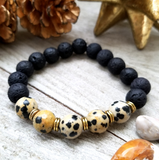 Lava Stone Beaded Bracelet with Dalmatian Jasper Accent