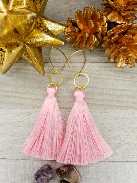 Light Pink Tassel Earrings With Gold Plated Accents
