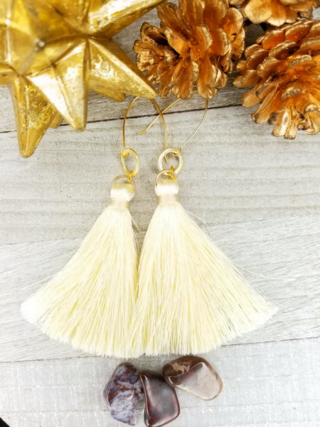Cream Tassel Earrings With Gold Plated Accents