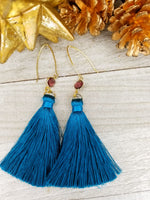 Jewel Tone Blue Tassel Earrings With Gold Plated Accents