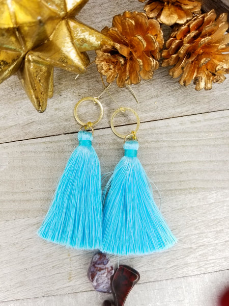 Baby Blue Tassel Earrings With Gold Plated Accents