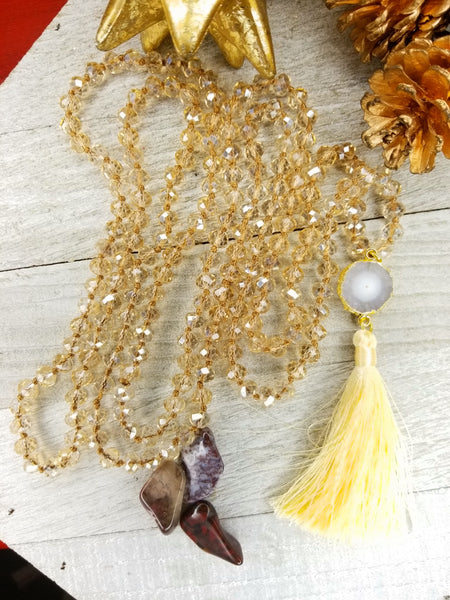 Long Faceted Crystal Necklace with cream agate and tassel