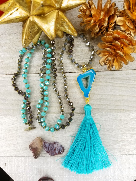 Long Faceted Crystal Necklace with turquoise agate and tassel