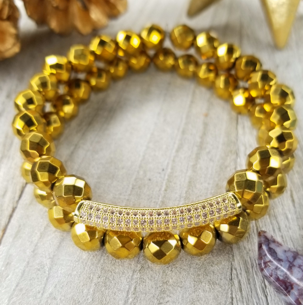 Gold Faceted Hematite Bracelet Set Gold Plated Bar