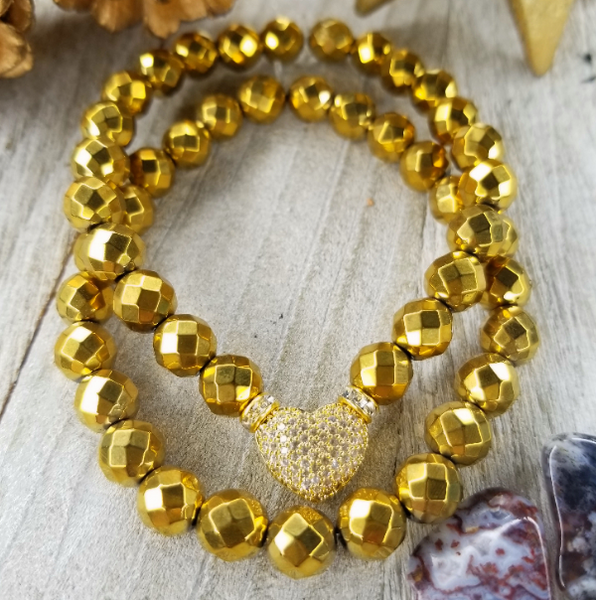 Gold Faceted Hematite Bracelet Set Gold Plated Heart