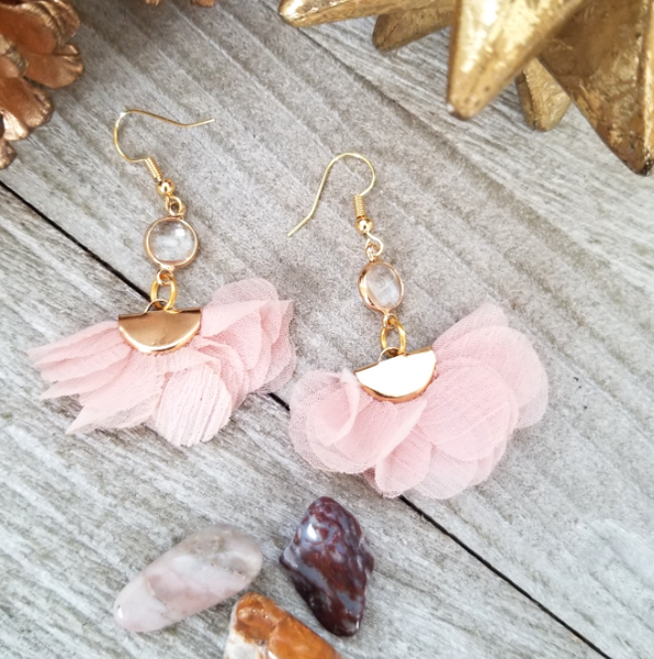 Pink Ruffled Tassel Earrings With Clear Crystal Accent