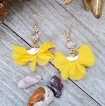 Yellow Ruffled Tassel Earrings With Clear Crystal Accent