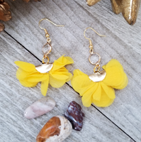 Yellow Ruffled Tassel Earrings With Clear Crystal Accent
