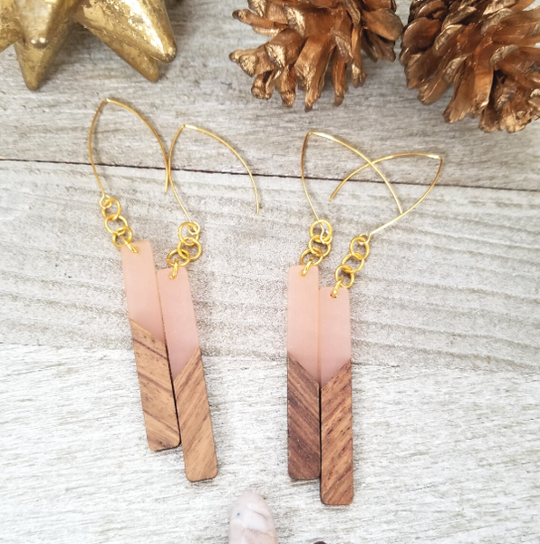 Pink Wood and Resin Bar Earrings
