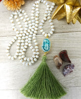 Long Faceted Crystal Necklace with green agate and tassel