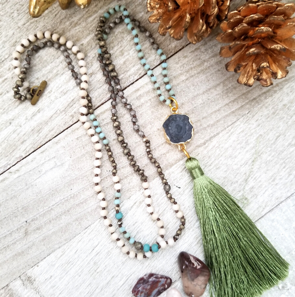 Long Crystal Necklace with Green Tassel