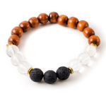 Clear Quartz and Black Lava Stone Beaded Bracelet With Warm Wood