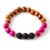 Dark Pink Dyed Jade and Black Lava Stone Beaded Bracelet With Warm Wood
