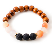 Peach Agate and Black Lava Stone Beaded Bracelet With Warm Wood