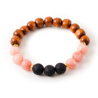 Pink Agate and Black Lava Stone Beaded Bracelet With Warm Wood