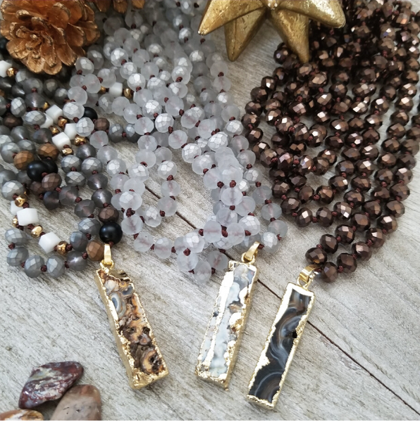 Extra Long Crystal Necklaces with Agate Bar Accent