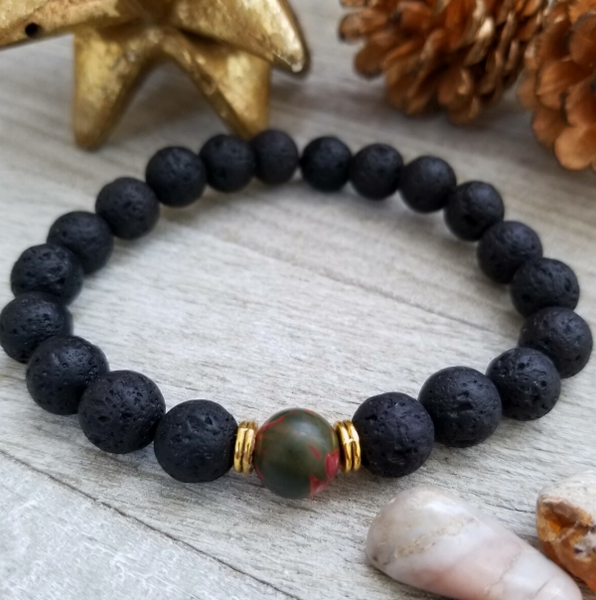 Lava Stone Beaded Bracelet with Green Pink Jasper Accent