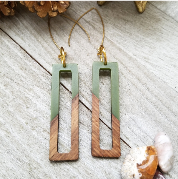 Green Wood and Resin Rectangle Earrings