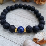 Lava Stone Beaded Bracelet with Blue Lapis Lazuli Accent
