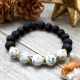 Lava Stone Beaded Bracelet with Gray Blue Dalmatian Jasper Accent