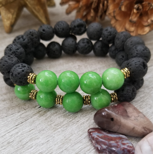 Green Dyed Jade and Lava Stone Bracelet Set