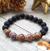 Lava Stone Beaded Bracelet with Purple Flower Agate Accent