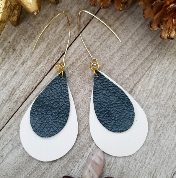 Layered Natural Leather Earrings- Dark Green and White