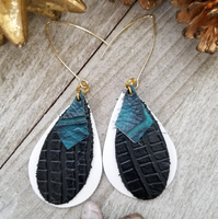 Layered Natural Leather Earrings- Dark Green, Black and White