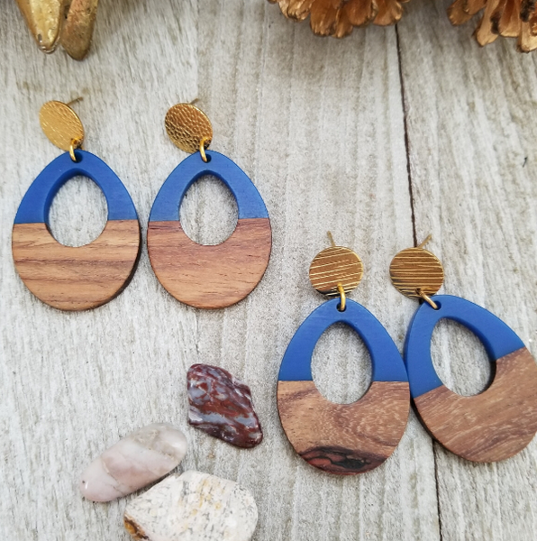 Blue Wood and Resin Keyhole Earrings