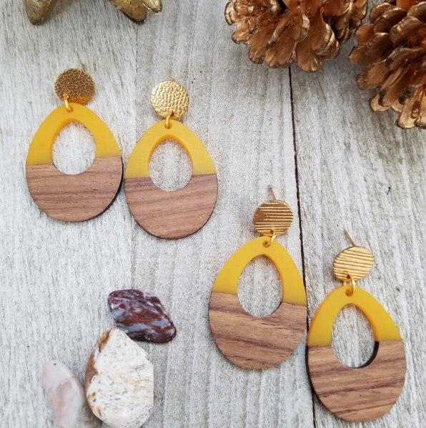 Yellow Wood and Resin Keyhole Earrings