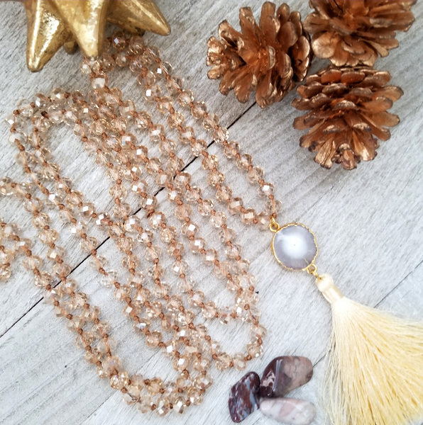 Long Cream/Yellow Crystal Necklace with Geode and Cream Tassel