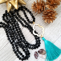 Long Black Crystal Necklace with Teal Tassel