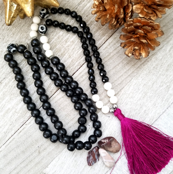Long Black Agate Necklace with Magenta Tassel