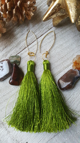Olive Green Tassel Earrings With Gold Plated Accents