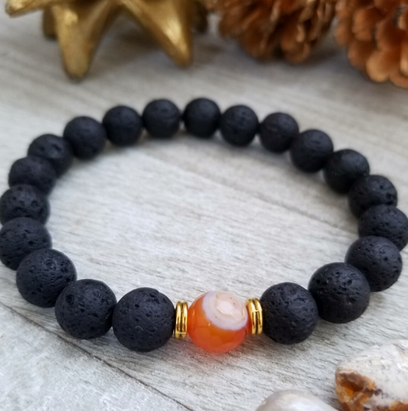 Lava Stone Beaded Bracelet with Orange Agate Accent