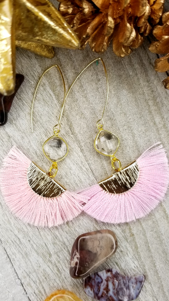 Light Pink Fan Tassel Earrings With Clear Crystal Accents