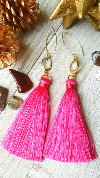 Hot Pink Tassel Earrings With Gold Plated Accents