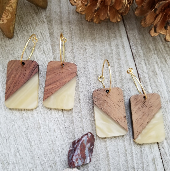 Khaki Wood and Resin Rectangle Earrings