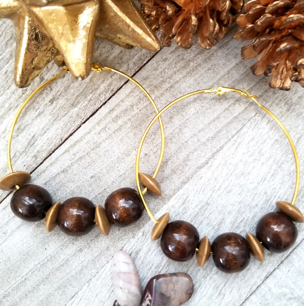 Large Hoop Earring with Brown and Dark Brown Wood Accents