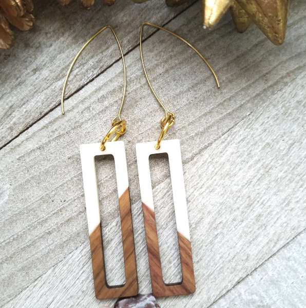 White Wood and Resin Rectangle Earrings