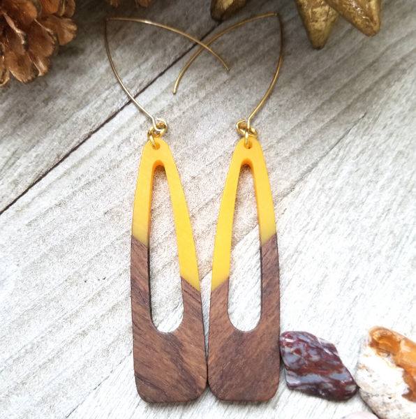 Yellow Wood and Resin Oblong Earrings